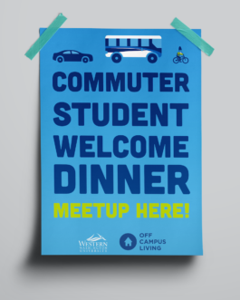 Mockup of poster taped to wall advertising the commuter student welcome dinner 