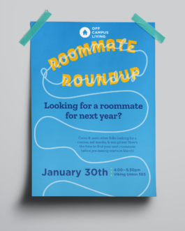 Mockup of poster taped to wall advertising roommate roundup event 